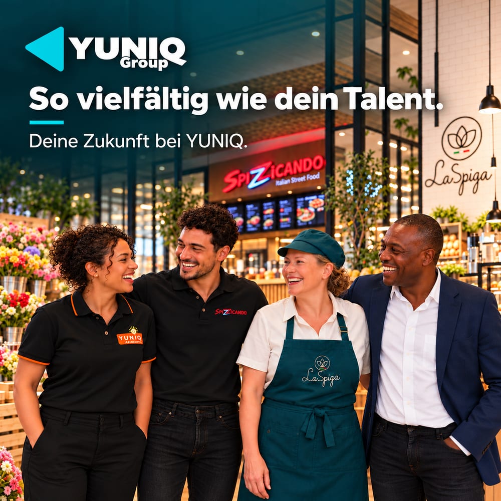 Mitarbeitende der YUNIQ Group in Arbeitskleidung von YUNIQ Lebensmittel, LaSpiga und SPIZZICANDO